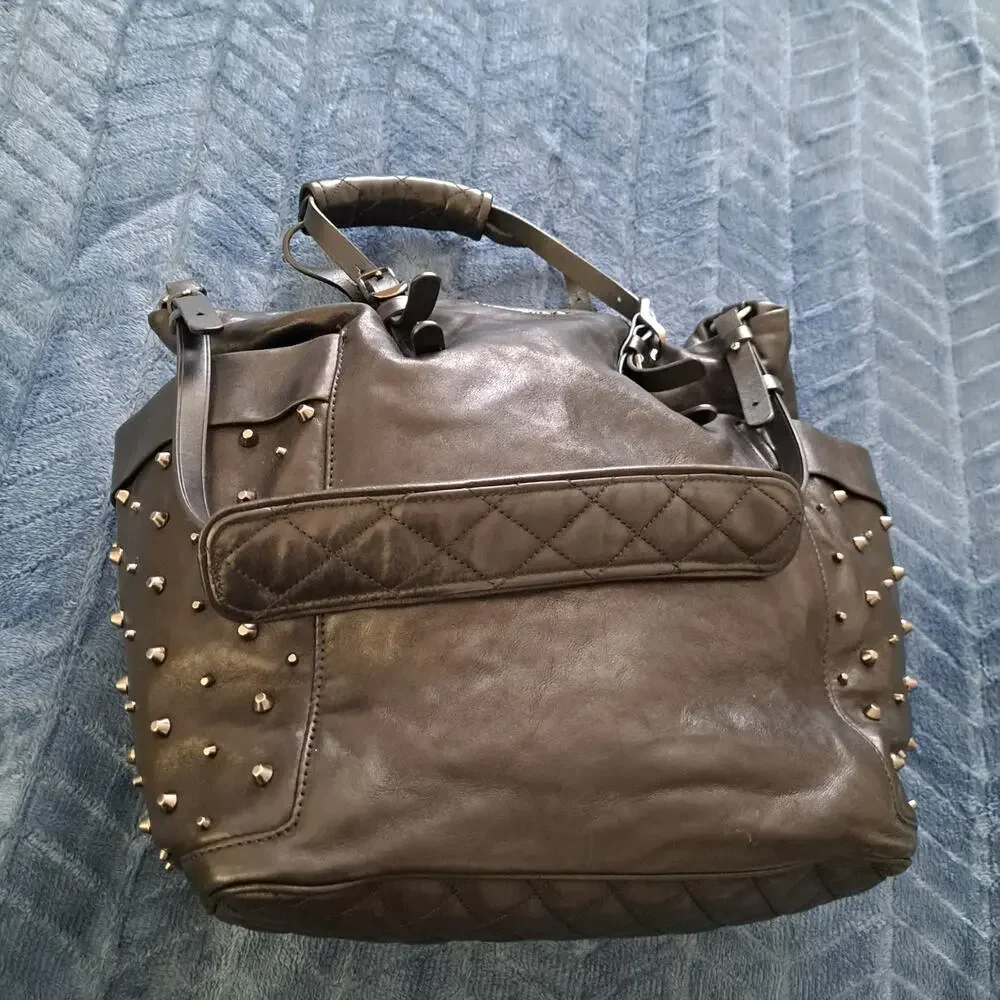 Jimmy Choo Blare Studded Shoulder Purse Satchel Tote Bag Black Glossy Leather